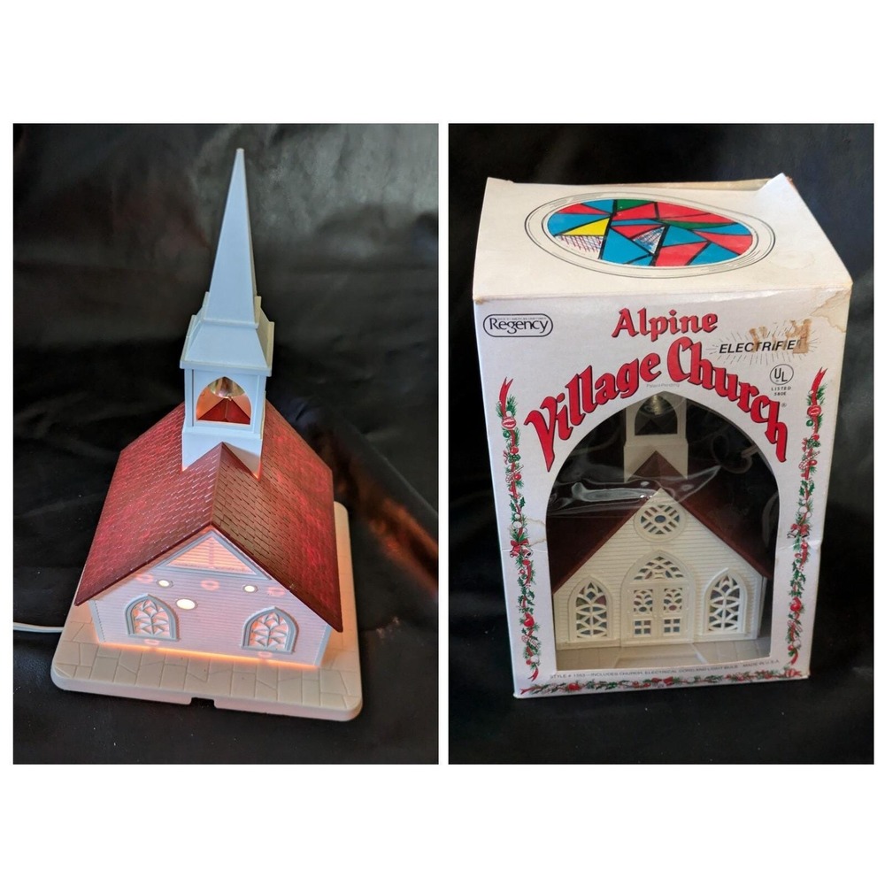 Regency Electric Light Up Alpine Village Church Christmas Stain Glass Working